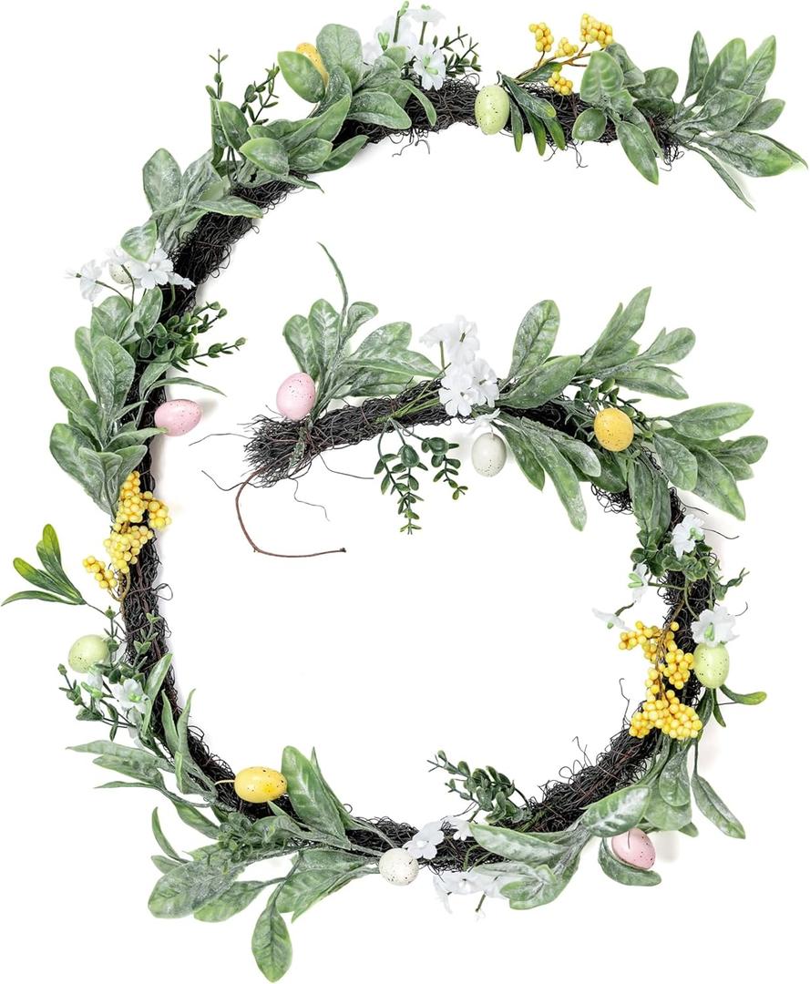 5.9ft Easter Garland Easter Decor Eggs Wild Flowers Garland Wreath Artificial Spring Flower Garlands with Pastel Eggs & Daisy Flower for Indoor and Outdoor