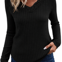Tankaneo Womens Lace V Neck Tunic Tops Long Sleeve Ribbed Knit Shirts Fall Casual Basic Tees M