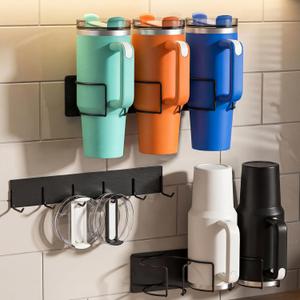 3 Pack Magnetic Stanley Cup Holder for Fridge | 6 Lids Organizer & 6 Tumbler Cups Storage | Wall Mount Rack for Water Bottle | Fits 30/40 oz for Kitchen Garage Gym Toolboxes & Metal Surface (Black)