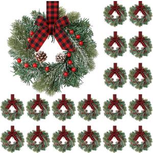 Jexine 18 Pieces Mini Christmas Wreaths for Kitchen Cabinet Small Christmas Candle Rings Wreaths Pillars Candle Rings Table Centerpieces Hanging Garlands for Front Door Window Decor (No Red Ribbon)