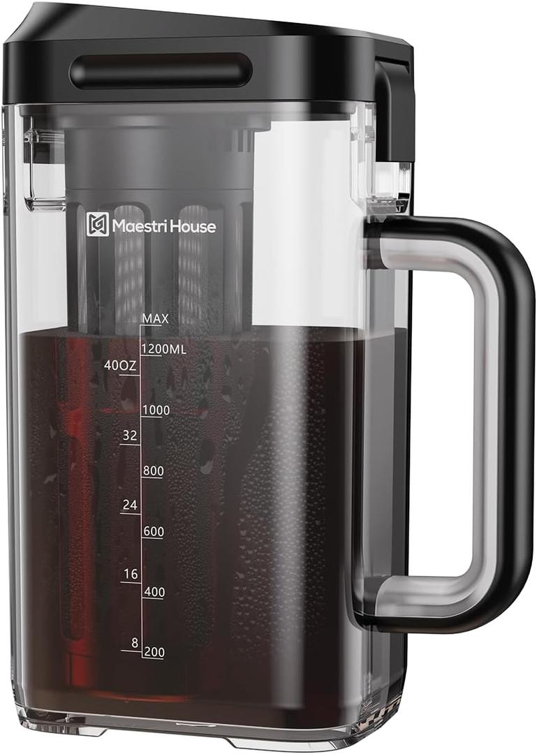 Maestri House Compact Cold Brew Coffee Maker, 40oz Iced Tea and Coffee Maker Brewer Space Saving Tritan Pitcher, 350 Mesh Filter, 100% Leak-Proof (Black)