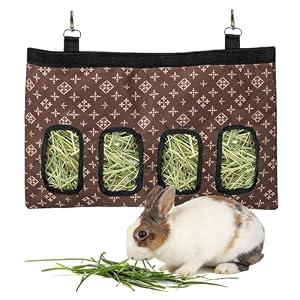 Wallspet Rabbit Hanging Hay Feeder Bag Large Capacity Small Animal Hay Dispenser 600D Oxford Cloth Rabbit Hay Storage Bag for Bunnies Guinea Pigs Chinchillas (Brown)