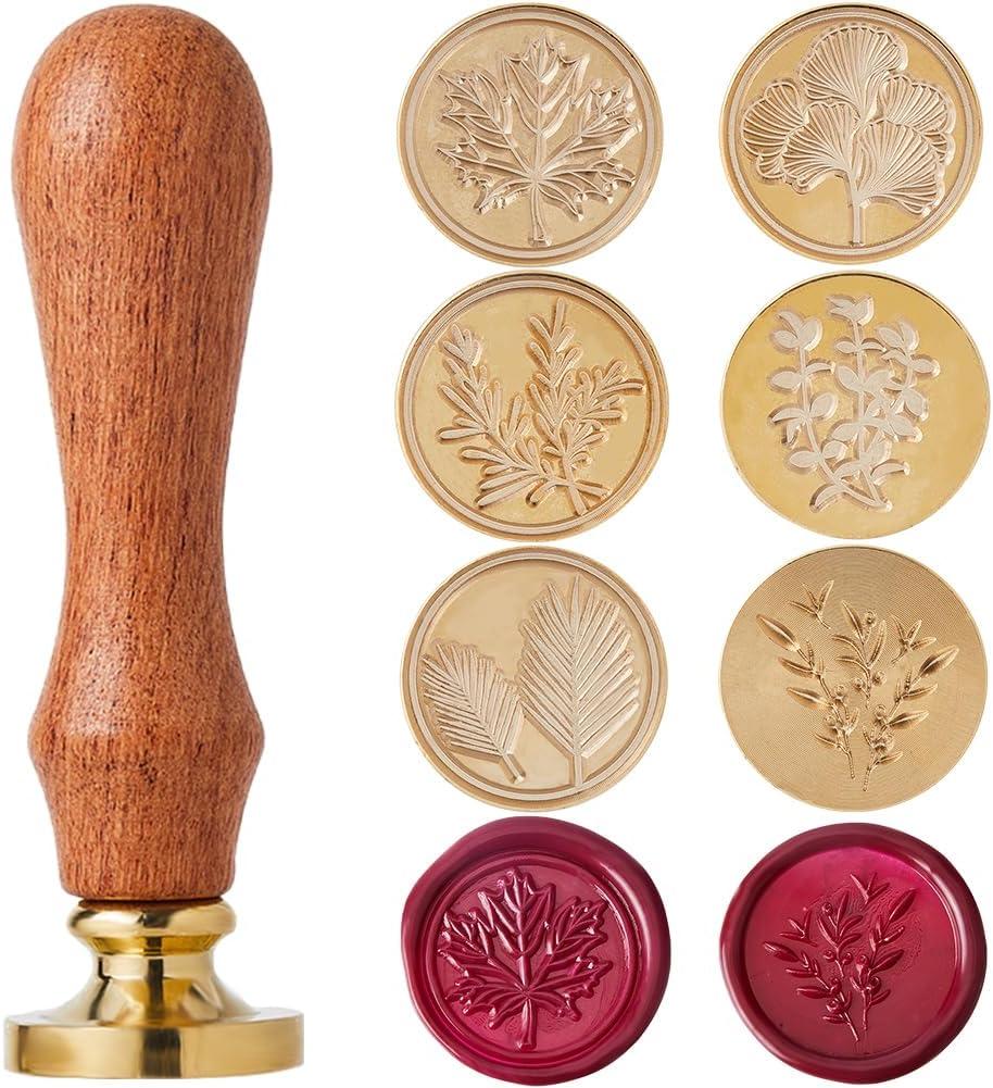 CRASPIRE Leaf Wax Seal Stamp Set 6Pcs 25mm Sealing Brass Head + 1Pc Wooden Handle Kit Maple Rosemary Eucalyptus Ginkgo Leaves Removable Wedding Envelope Envelopes Invitations Gift Packing Wrap Decor
