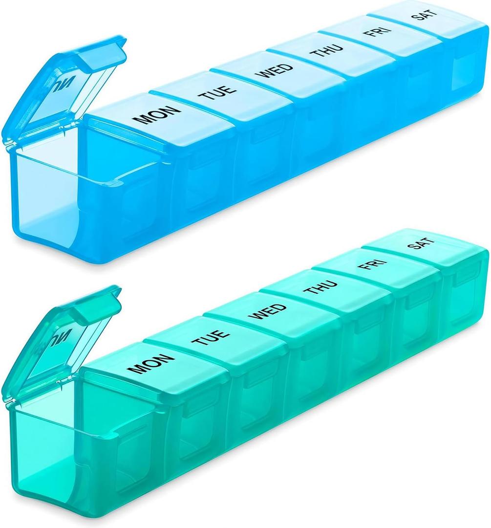BUG HULL Weekly Pill Organizer Large 2 Packs, Extra Large Travel Pill Organizers, Pill Box 7 Day, Travel Pill Case, Medicine Pill Organizer for Vitamins, Supplements and Medications (Blue+Green)