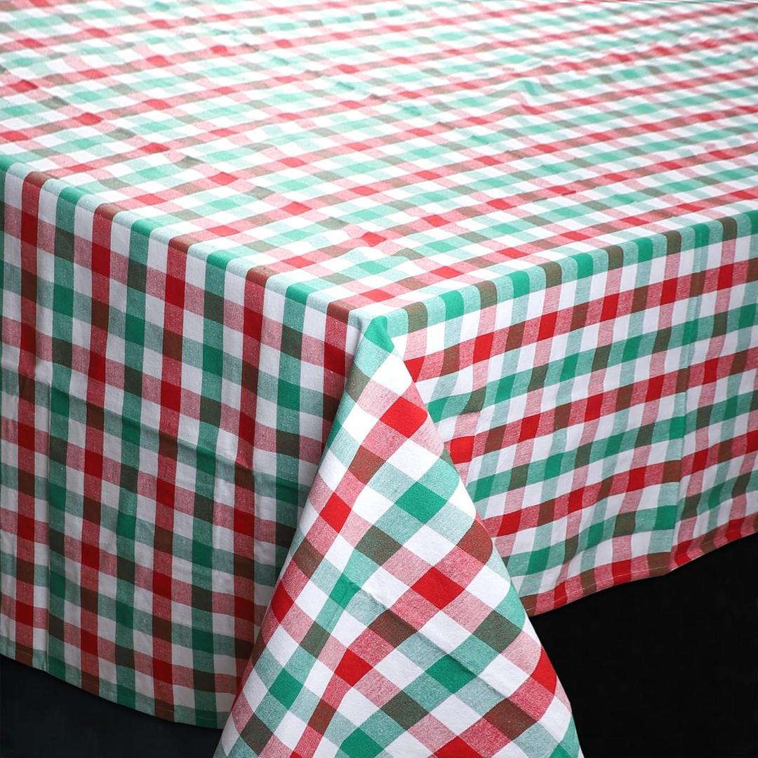 Urban Villa Tablecloth Christmas Tabletop Cover Kitchen Dining Tablecloth 100% Cotton Holiday Celebrations Wedding Dinner Parties Red/Green/White Color Rectangle 60X102 Inches 8-10 Seats Table Cloth