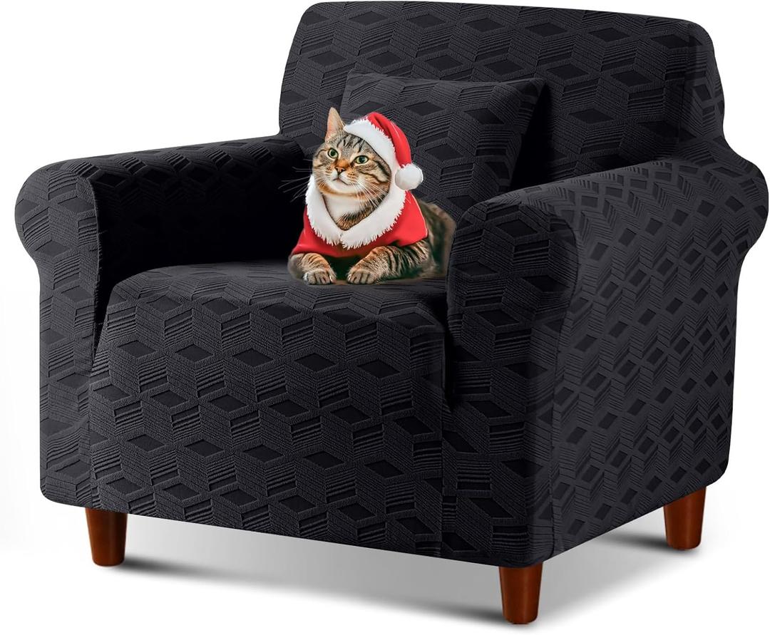 TAOCOCO Stretch Chair Slipcover, 1Piece Non Slip Armchair Cover Washable Chair Sofa Slipcover with 1PCS Throw Pillow Cover, Jacquard Furniture Protector for Pets Dog(1 Seater,Black)