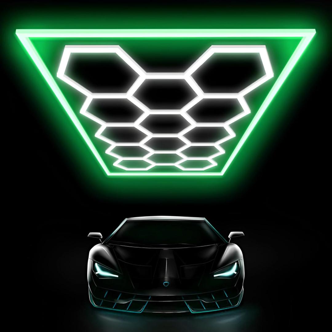Large Hexagon Garage Lights 14 Hex LED Higher Brightness Ceiling Lights with Green Light Rectangle Frame Octagon Honeycomb Lighting for Garage Car Detailing Barber Shop Gym Warehouses.