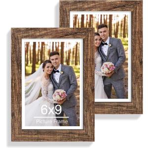 6x9 Picture Frame Set of 2, Made of Real Glass and Rustic Brown Wooden Frame - 6 by 9 Photo for Wall or Tabletop Display