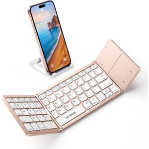 Samsers Foldable Bluetooth Keyboard with Touchpad - Portable Wireless Keyboard with Holder, Rechargeable Full Size Ultra Slim Pocket Folding Keyboards for Android Windows iOS Tablet & Laptop - Pink