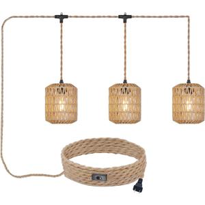 3 Lights Plug in Pendant Light with Cord On/Off Switch Rattan Hanging Lamp with 22ft Hand Woven Wicker Plug in Chandelier Boho Hanging Lights Fixture for Bedroom Kitchen Hallway Foyer