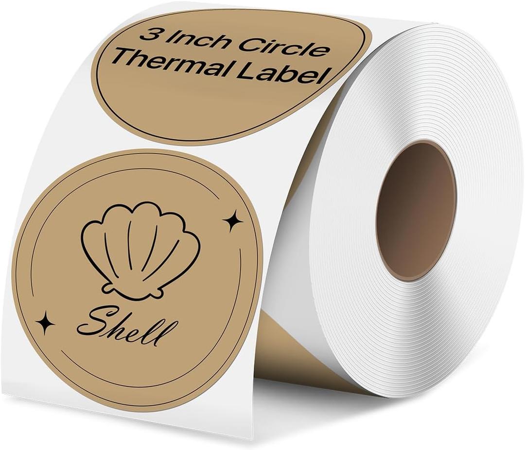 iEager 3 Inch Circle Thermal Sticker Labels, Self-Adhesive Round Direct Thermal Label, Multi-Purpose Roll Thermal Stickers, 500 Labels, Brown