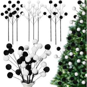 Thiccywoov 6 Pcs 14 Inch Christmas Tree Picks Velvet Christmas Ornaments Spheres Ball Pick Velvet Xmas Tree Branches Hanging Decoration Wreath Home Office Party Ornament (Black, White)