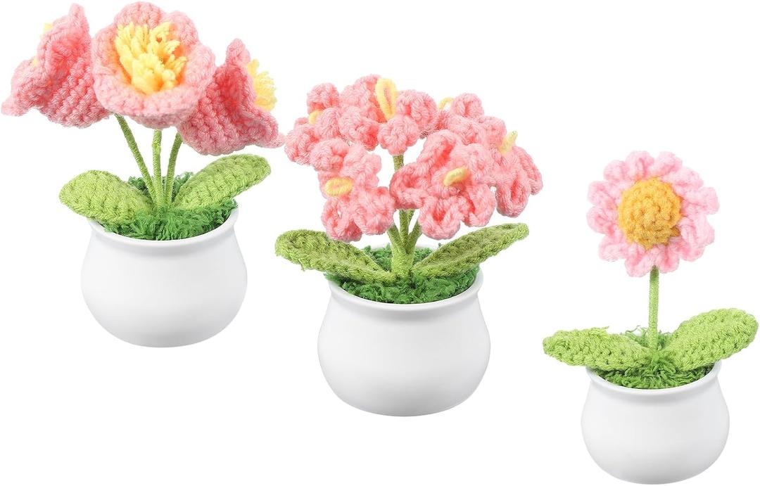 PATIKIL Crochet Flowers, 3 Pcs Knitting Crochet Flowers Daisy Lily of The Valley Forget-Me-Not Potted Plants Handmade Flowers Birthday Wedding Car Gift Home Decor, Pink