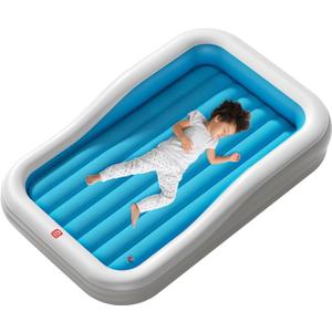 QPAU Inflatable Toddler Travel Bed with 3-Sided Safety Bumpers, Extra Large Kids Air Mattress, Includes Detachable Mattress, Portable for Camping, Travel, Home Use (Blue)
