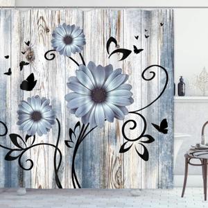 Emvency Shower Curtain Blue Grey Floral Rustic Farmhouse Wooden Boards Flower Butterfly Bathroom Home Decor Waterproof Polyester Fabric 72 x 72 inches Set with Hooks