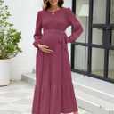AISWI Women's Maternity Maxi Dress with Belt Long Sleeve Crew Neck Pregnancy Dresses with Pockets Baby Shower Photoshoot (L)