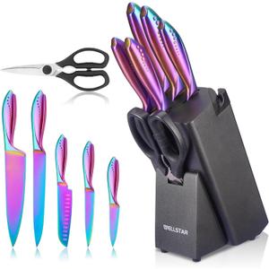 WELLSTAR Rainbow Knife Set 8 Pieces, Iridescent German Stainless Steel Kitchen Knives Set with Wooden Block, Colorful Titanium Coating, Chefs Knife Block Set with Scissors and Built-in Sharpener