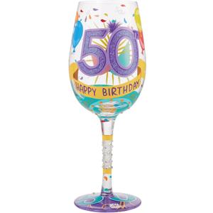 Enesco Designs by Lolita Happy 50th Birthday Hand-Painted Artisan Wine Glass, 15 Ounce, Multicolor