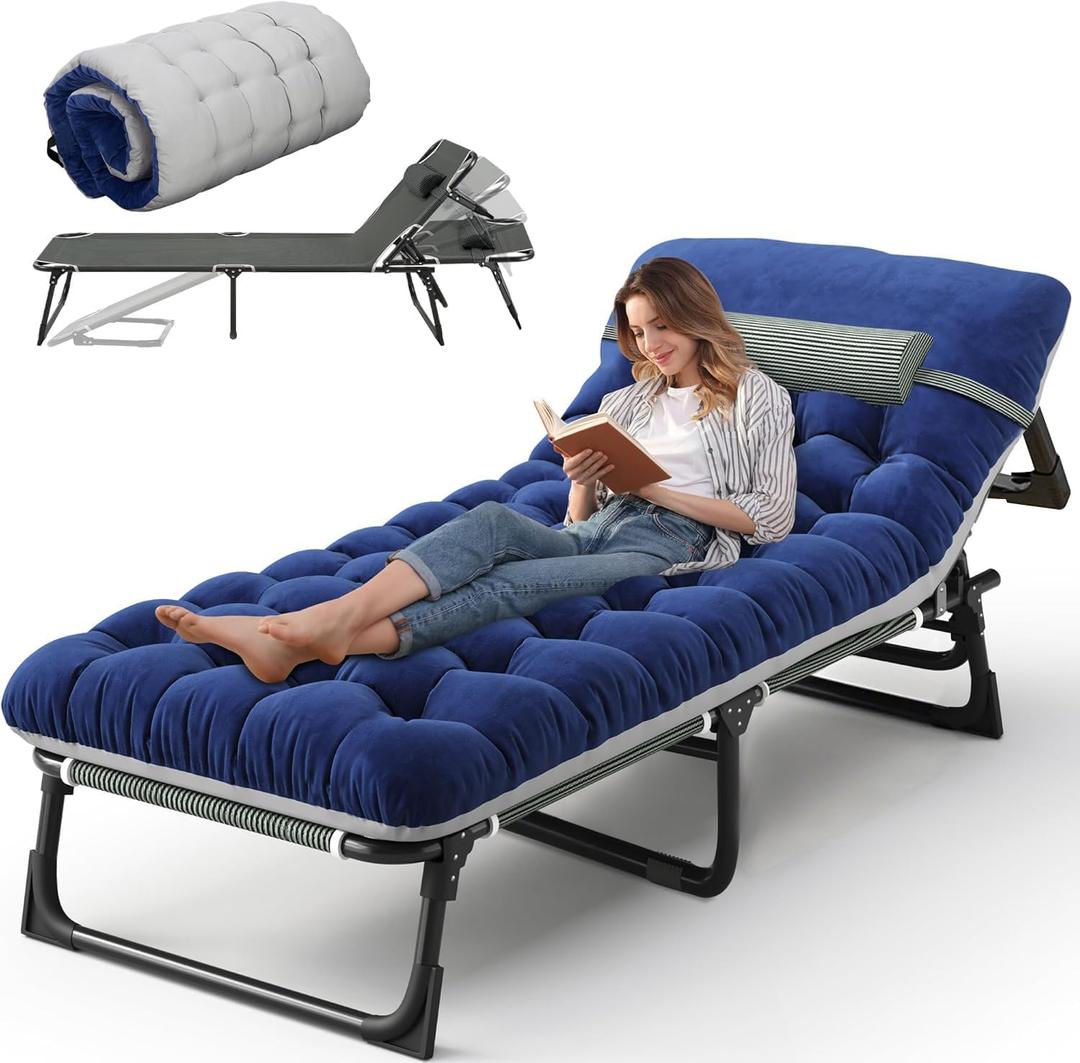 Oxford and Steel Frame 4-Angle Adjustable Foldable Bed Folding Camping Cot Bed with Extra Wide Padded Mattress Support for Adults Outdoor Travel Tent Use(Blue&Gray Mattress,L - 75 * 26'')