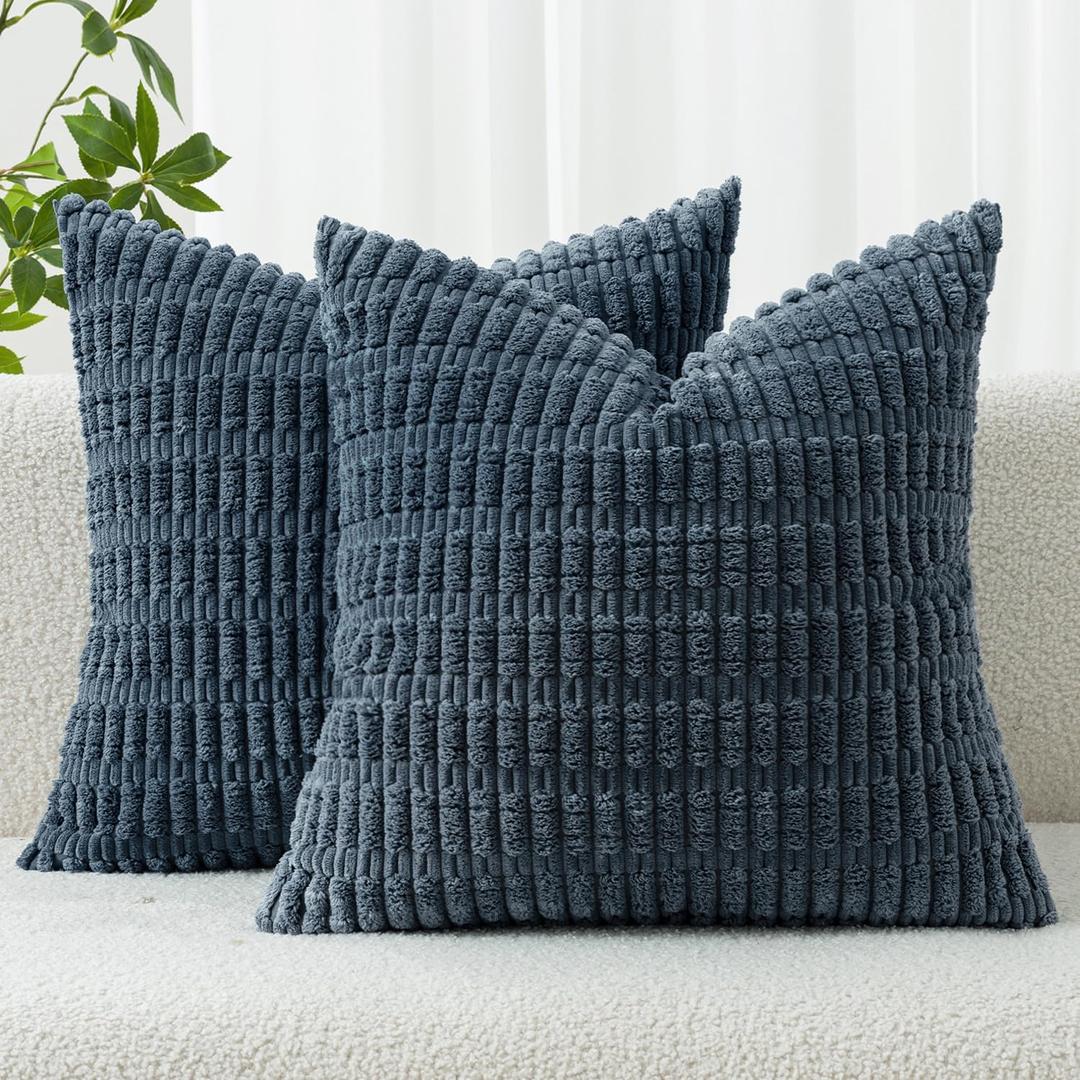 MIULEE Corduroy Decorative Throw Pillow Covers 18x18 Blue Pack of 2 | Soft Boho Striped Pillow Covers Modern Farmhouse Coastal Home Decor For Sofa Living Room Couch Bed