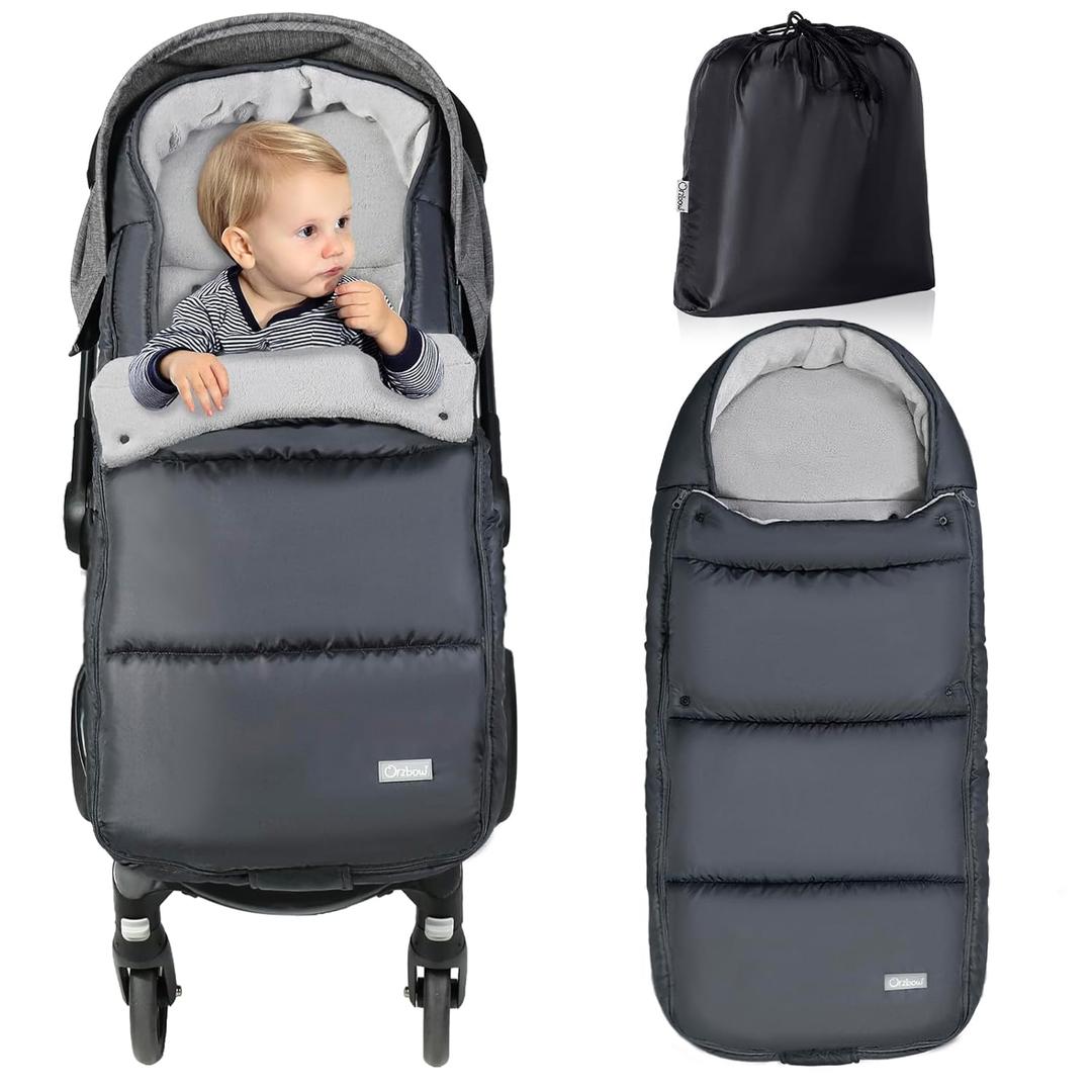 Orzbow Footmuff for Stroller, Weatherproof Anti-Kick Universal Toddler Sleeping Bag,Removable Warm Coral Fleece Lined Stroller Bunting Bag Footmuff, Black (Basic Grey)