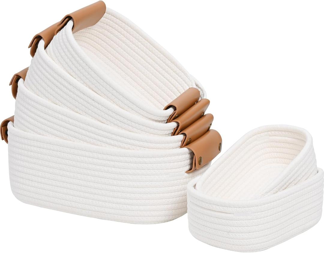 Storage Baskets for Organizing, Small Woven Basket Set of 6-4 Shelf Basket with Leather Handle and 2 Small Gift Baskets, Cotton Rope Basket for Shelves, Nursery, Dog Toy, Bathroom (White) 12.6"D x 9"W x 4.3"H