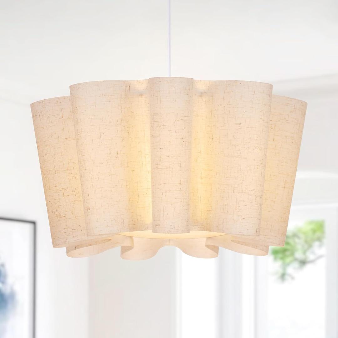 Littleglovo 15.7" Pendant Lights Kitchen Island, 1-Light Linen Petal Lampshade Dining Room Light Fixture Modern Chandeliers Hanging Pendant Lighting for Bedroom Nursery Living Room Foyer Entryway