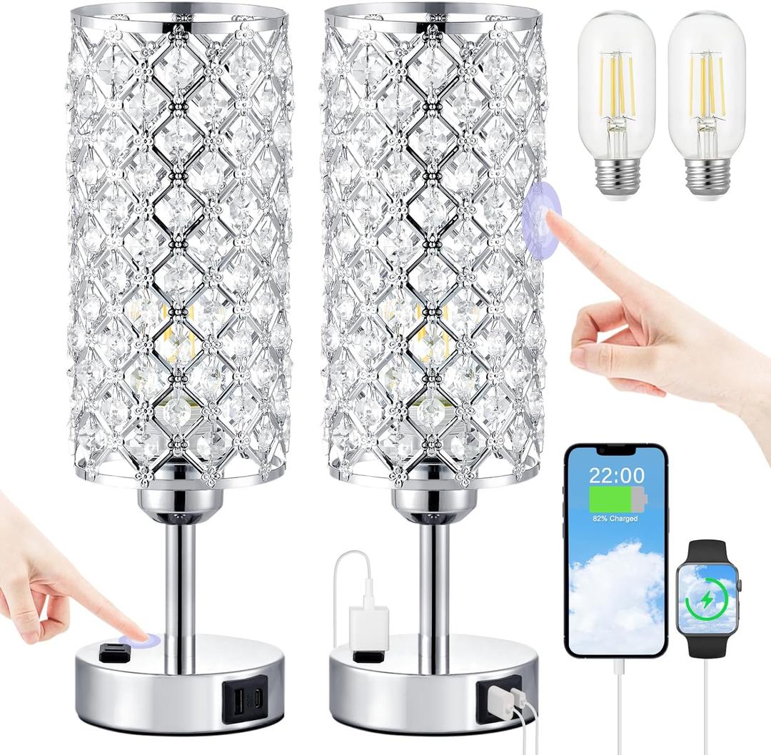 Hong-in Crystal Lamp Touch Control Set of 2, Sliver Crystal Table Lamps with USB C+A Ports & AC Outlet, 3-Way Dimmable Nightstand Touch Lamp, Modern Bedside Table Lamp for Bedroom(Bulbs Included)