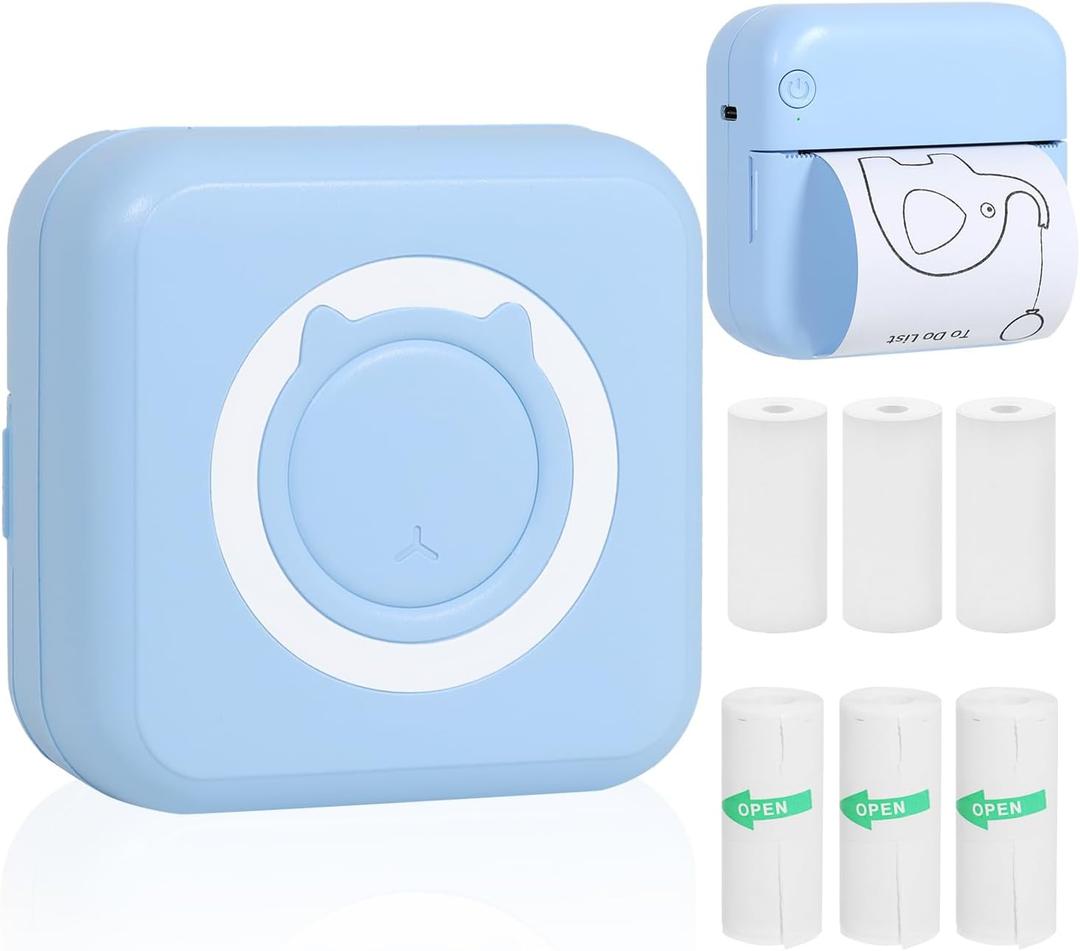AURTEC Mini Thermal Printer, Portable Wireless Bluetooth Inkless With 3 Rolls of Sticker and 3 Rolls of Thermal Paper, Compatible With Android/iOS, Pocket for Memo and More Blue