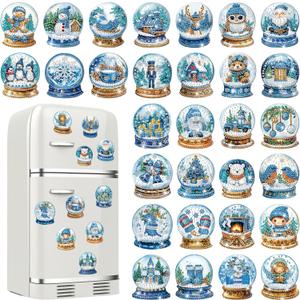 30 Pcs Winter Magnetic Diamond Art Decor Blue Crystal Ball Diamond Painting Magnets Kits Winter Adult DIY Art Fridge Magnet Refrigerator Sticker for Beginners Gifts Home Car Garage Decors