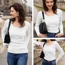 v28 Women Scoop Neck U-Neck Knit Long Sleeve Slim Fit Ribbed Sweater Tops (White, XL)