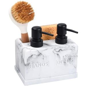Hand and Dish Soap Dispenser Set for Kitchen Sink,Dual Soap Dispenser with Sponge Caddy and Brush Holder 4-in-1 Countertop Organizer for Kitchen Bathroom,Useful Kitchen Gadgets-White Marble Look