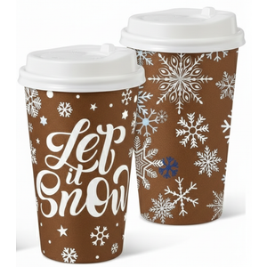 100 Set Winter Paper Cups with Lids Winter Disposable Hot Cold Coffee Cups for Holiday Party Supplies(Brown,12oz,Snowflake)