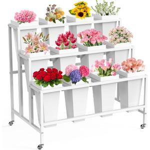 VGMiu Flower Display Stand with 12 Buckets, Flower Cart 3 Layers White Metal Flower Bar Stand with Wheels, Moving Florist Bouquet Shelf for Weddings Florist Indoor Outdoor Patio Garden Living Room