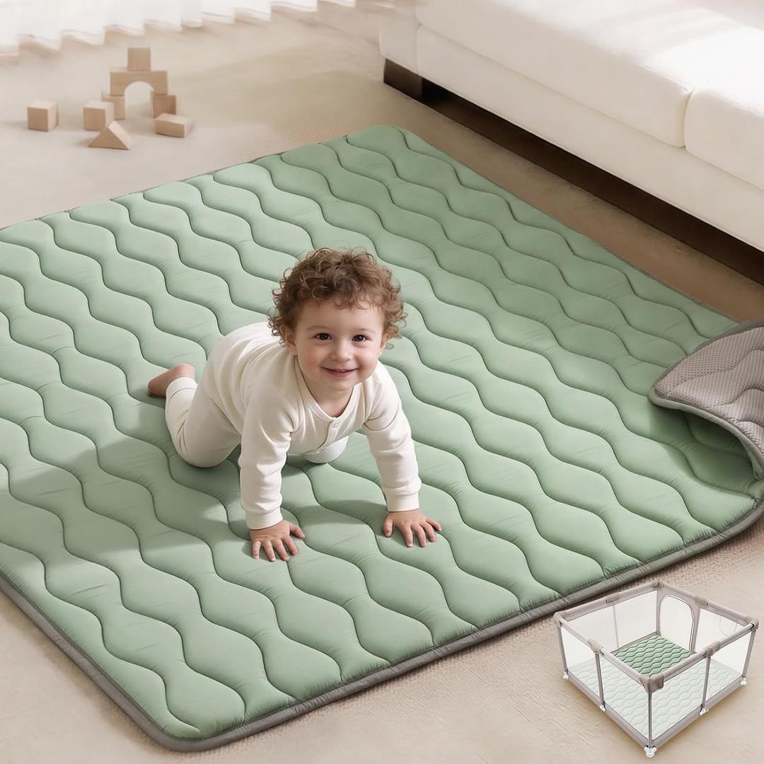 Blissful Diary Baby Play Mats for Floor, 59x59 Inch Thicker and Larger Soft Cushioning Foam Playmats for Babies and Toddlers, Foldable Washable Baby Playpen Mat, Sage Green
