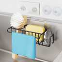 4 in 1 Kitchen Organizers and Storage, SUS304 Stainless Steel Brush Holder + Dish Cloth Hanger + Soap Rack + Sink Stopper Rack, No Drill Kitchen Essentials - Black