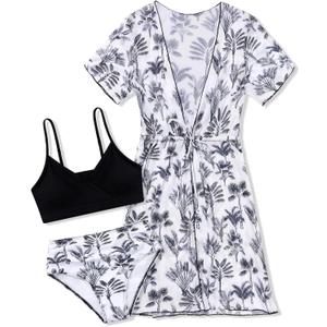 Ochine Girls Swimsuit 3 Piece Tropical Print Bikini Set Teens Bathing Suit with Drawstring Quick Dry Cover Up 9-16Y