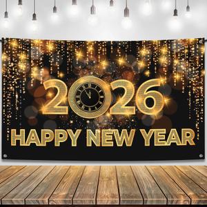 Katchon, Xtralarge Happy New Year Banner - 72x44 Inch | Happy New Year 2026 Banner for New Years Decorations 2026 | NYE Backdrop for New Years Eve Party Supplies 2026 | NYE Decorations 2026 (Gold and Black Clock)