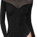 PUMIEY Mesh Bodysuit for Women Crew Neck Long Sleeve Body Suits Sexy Sheer Tops Smoke Cloud Pro Collection (Medium, 01 Jet Black)