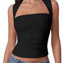 QINSEN Womens Square Neck Tank Tops Side Ruched Double Lined Slim Fit Summer Going Out Crop Top (Medium, Black)