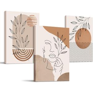 SERIMINO Boho Framed Wall Art Set of 3, Minimalist Wall Decor Living Room, Geometric Line Leaf Sun Moon Canvas Artwork Paintings for Bathroom, Home Decor Print, 12"x16" (Terracotta)