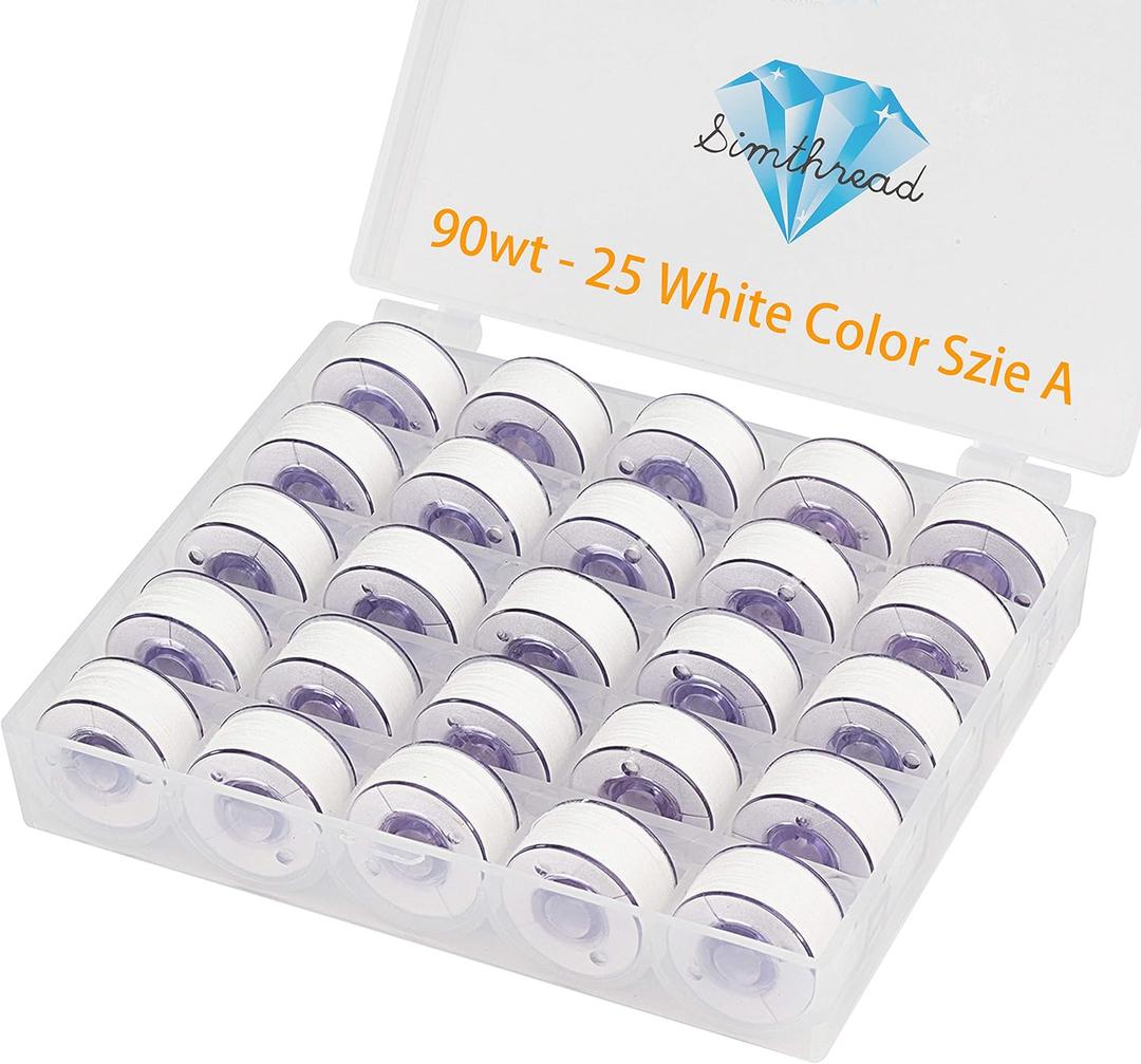 Simthread 25pcs 90WT White Prewound Bobbin Thread Size A Class 15 (SA156) with Clear Storage Plastic Case Box 60S/2 Compatible with Brother Embroidery Thread Sewing Thread Machine DIY