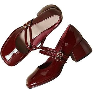 Stunner Women's Chunky Low Block Heels Dress Pumps Comfortable Closed Square Toe Mary Jane Pumps Wine Red 41(8.5)