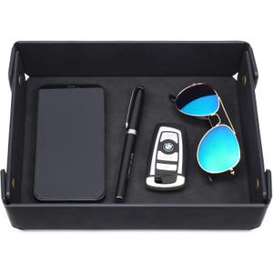 CASIRENA Faux Leather Valet Tray Organizer for Men - Catch-All Tray for Entryway Table Key, Wallet, Watch, Coin Change, Phone, Dresser EDC Dump Jewelry, Bedside Nightstand Desk-top (Rectangle, Black)