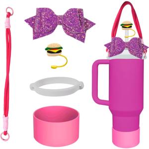 2 x 4Pcs Cup Accessories Set for Stanley, Including 1 PCS Mushroom Straw Topper Cover, 1PCS Straw Bow Decorate, 1 PCS Handle Strap, 1 Pcs Silicone Stanley Cup Boot for Stanley Cup 40/30 oz