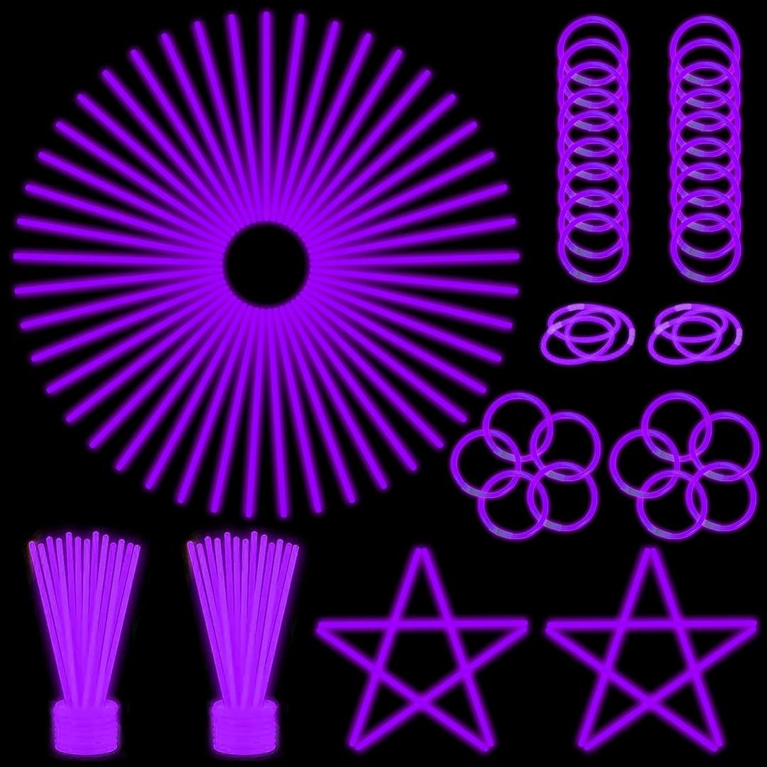 ILHSTY 100 Pcs 8'' Purple Glow Sticks Glow Necklaces In The Dark Party Favor Supplies Bright GlowSticks Bulk with Accessories for Christmas Halloween Easter Carnival Birthday Neon Party (Purple*100)