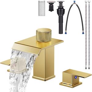 Brushed Gold Bathroom Faucet 3 Hole, 8 Inch Widespread Waterfall Bathroom Sink Faucet with Filter, Includes Metal Pop-Up Drain and Supply Hoses, Perfect for Vanity, Restroom, Sink, Rv