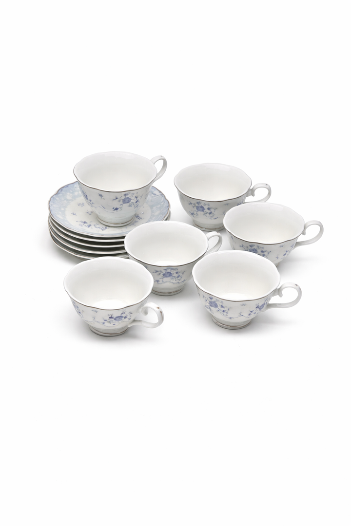 Elegant Blue Floral Porcelain Teacup & Saucer Set – 6 Cups with Matching Saucers