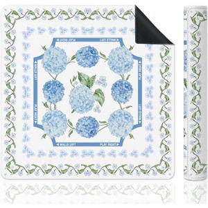Watercolor Blue Hydrangea Floral Mahjong Mat, Non-Slip Noise Reduction Square Game Table Pad, Light Pastel Flower Border Print Portable Play Mat for Mahjong Tiles Poker Dominoes