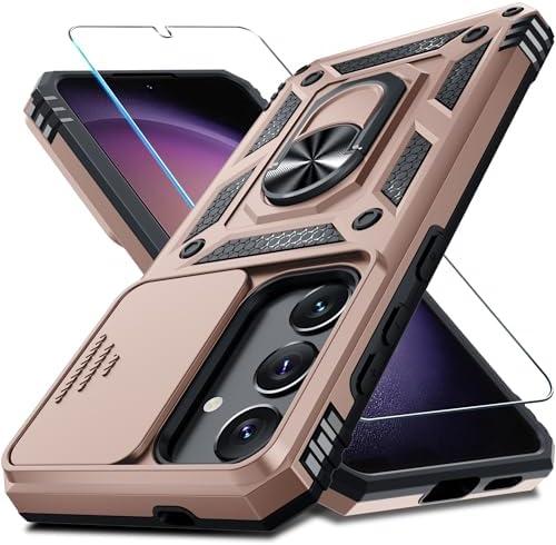 Janmitta Compatible with Samsung Galaxy S25 Plus/S24 Plus Case Built in Slide Camera Lens Cover+Screen Protector+Finger Ring Holder Kickstand,Heavy Duty Shockproof Full Body Phone Cover,Rose Gold